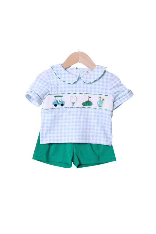 The Smocked Flamingo Smocked Hole in One Blue Gingham Short Set