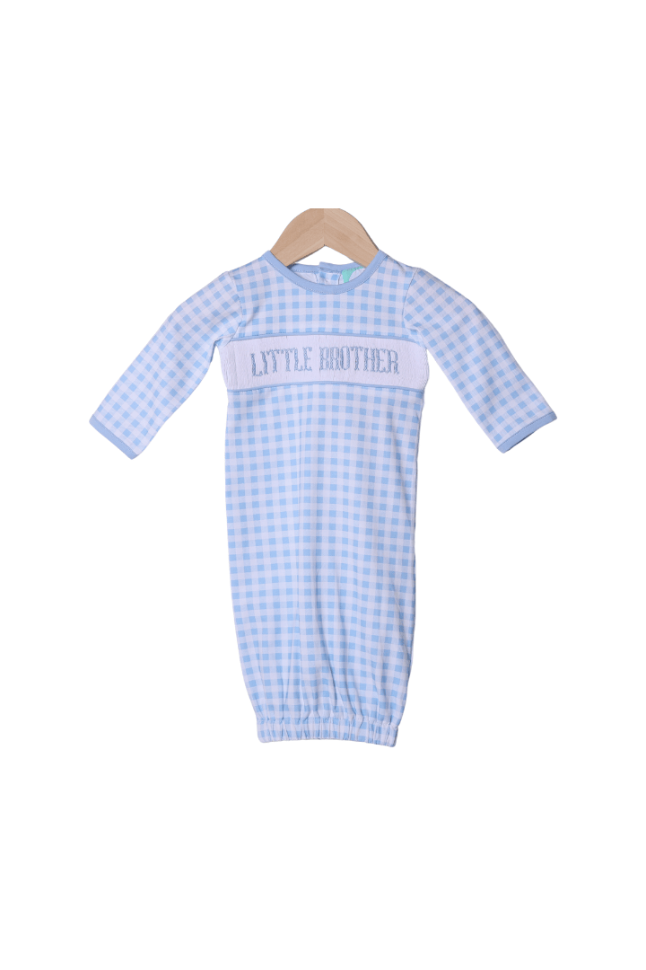 The Smocked Flamingo Smocked Little Brother Baby Blue Gingham Gown