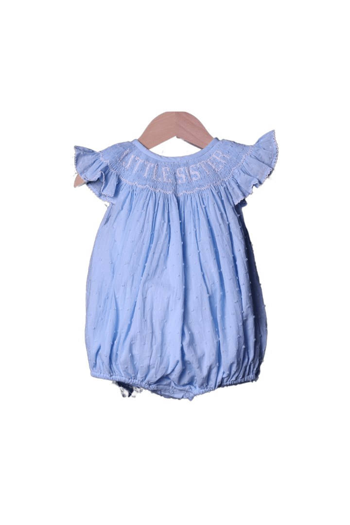 Smocked Little Sister Blue Swiss Dot Bubble The Smocked Flamingo Smocked Little Sister Blue Swiss Dot Bubble The Smocked Flamingo