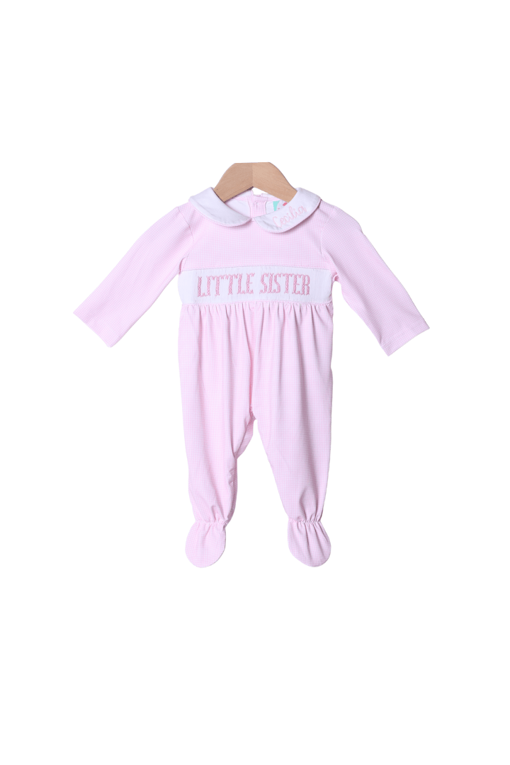 The Smocked Flamingo Smocked Little Sister Pink Gingham Footed Romper