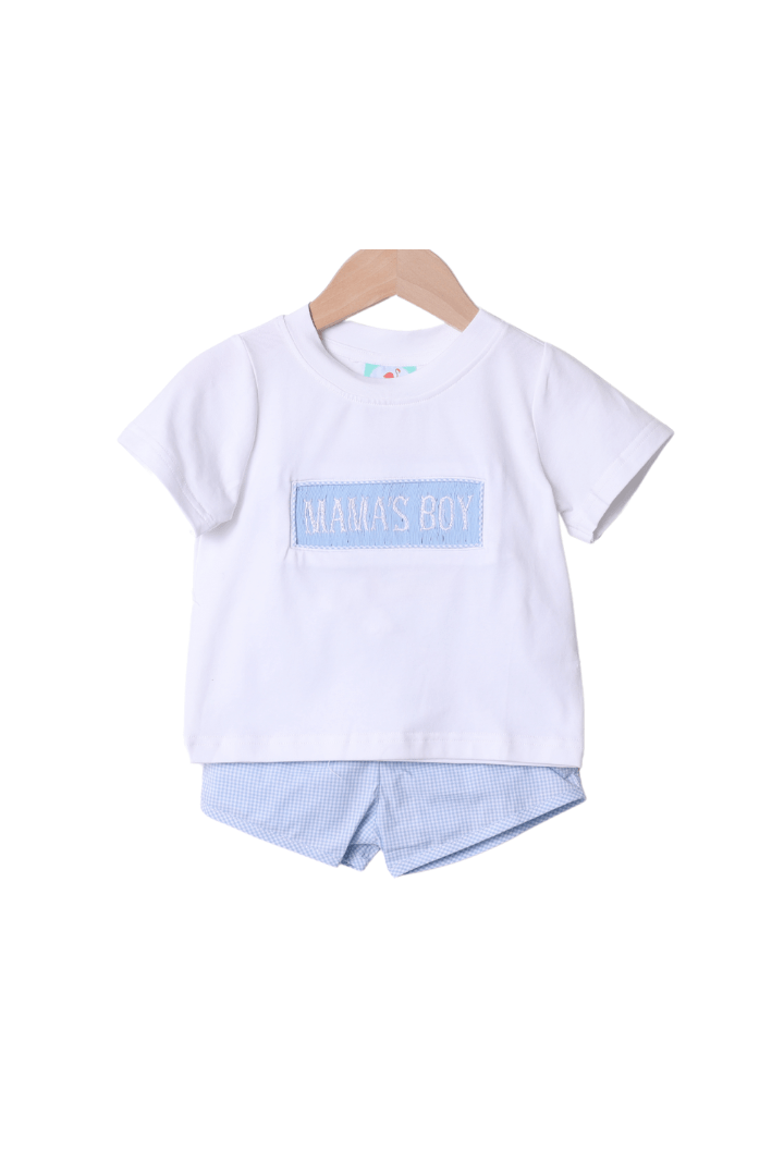 The Smocked Flamingo Smocked Mama's Boy White and Blue Gingham Short Set