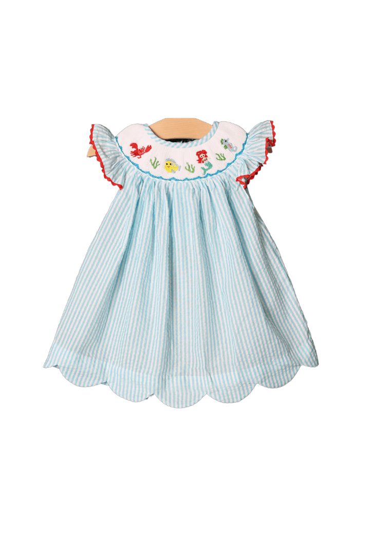 aquatic dresses Smocked Mermaid Aqua Seersucker Dress 6