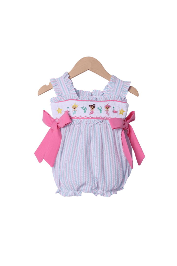 smocked mermaid dress Pink and Mint Seersucker Bubble 12M rover Tranquility Green Strapless Beaded The best part is Size:SIZE US 5-6