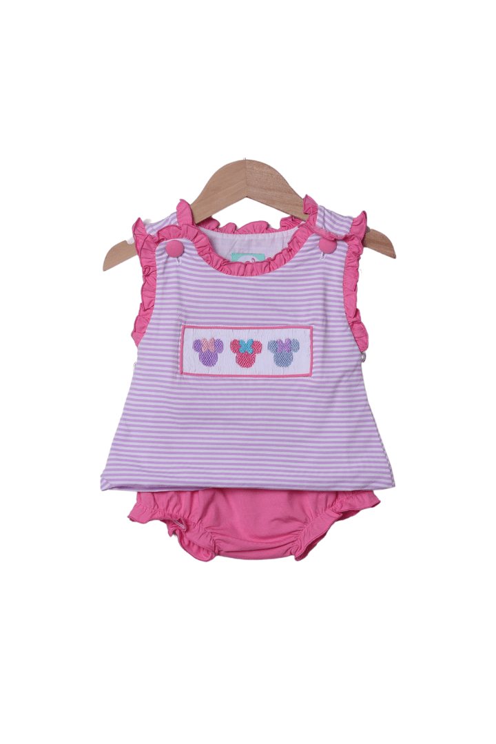 The Smocked Flamingo Smocked Mouse Lavender Stripe Bloomer Set