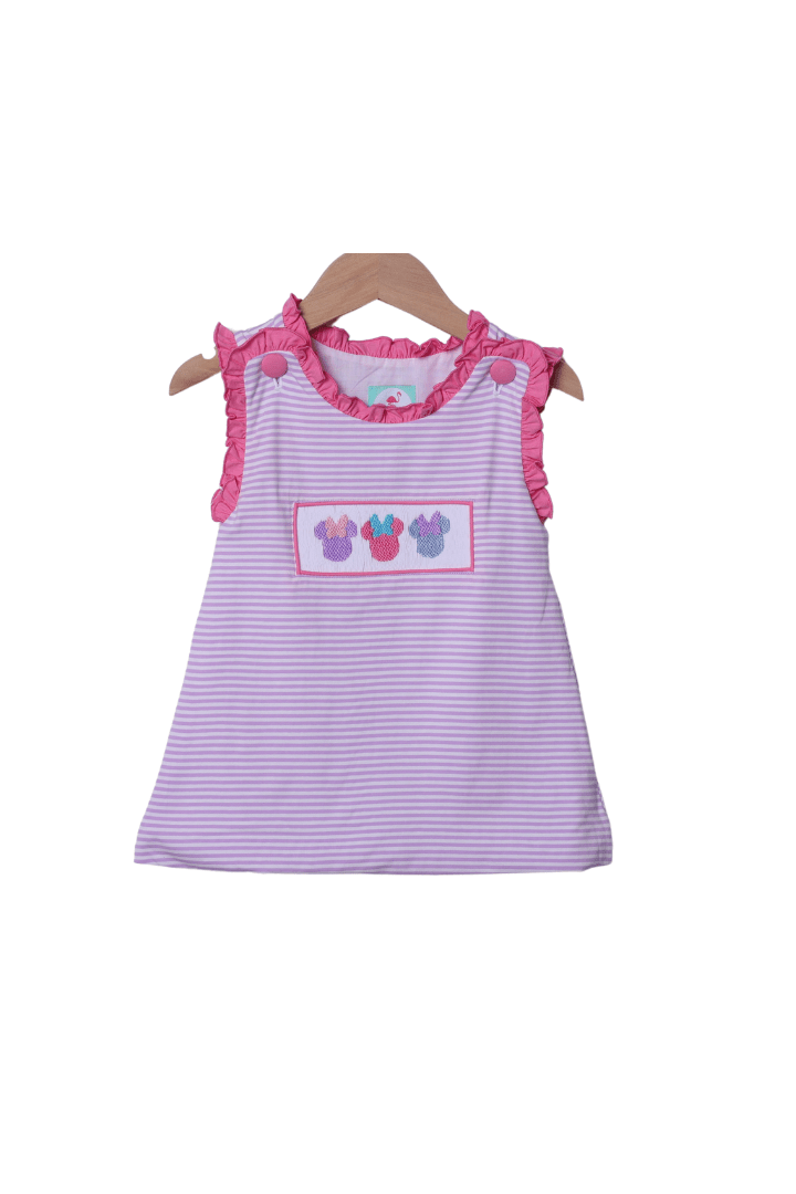 The Smocked Flamingo Smocked Mouse Lavender Stripe dress