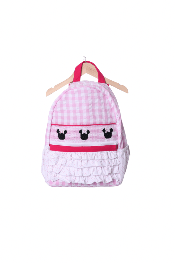 The Smocked Flamingo Smocked Mouse Pink Gingham Bitty Dot Backpack
