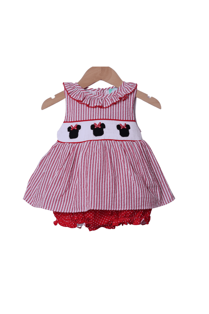 The Smocked Flamingo Smocked Mouse Red Seersucker Bubble