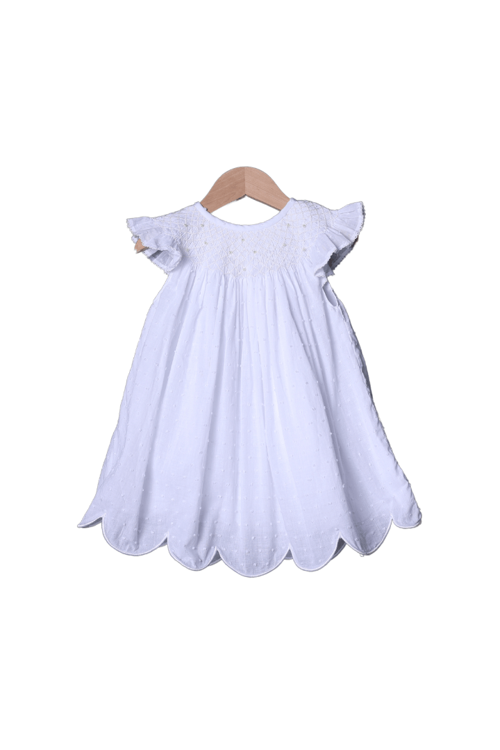 The Smocked Flamingo Smocked Pearl White Dot Dress