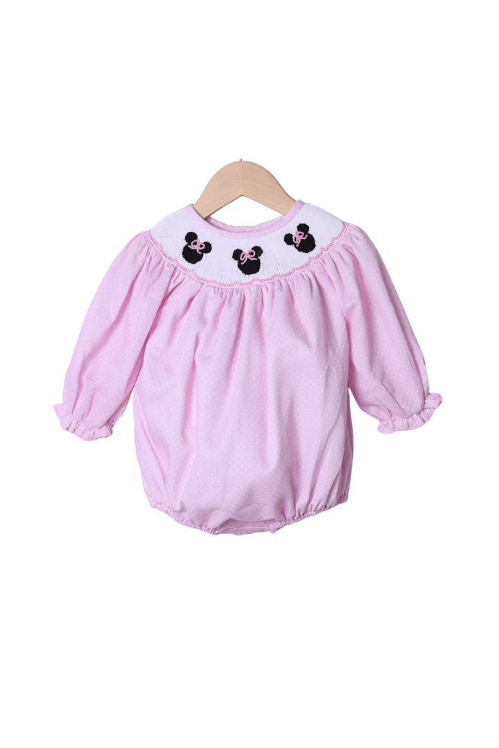 The Smocked Flamingo Smocked Pink Bitty Dot Mouse Long Sleeve Bubble