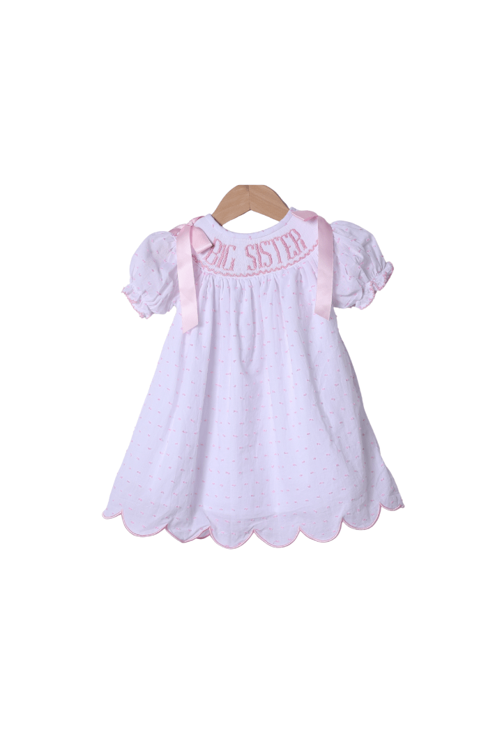 Smocked Big Sister Pink and White Swiss Dot Bow Dress 5 Smocked Big Sister Pink and White Swiss Dot Bow Dress 5