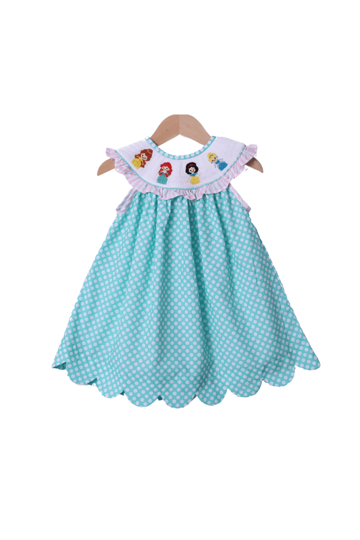 The Smocked Flamingo Smocked Princess and Friends Mint Dot Dress