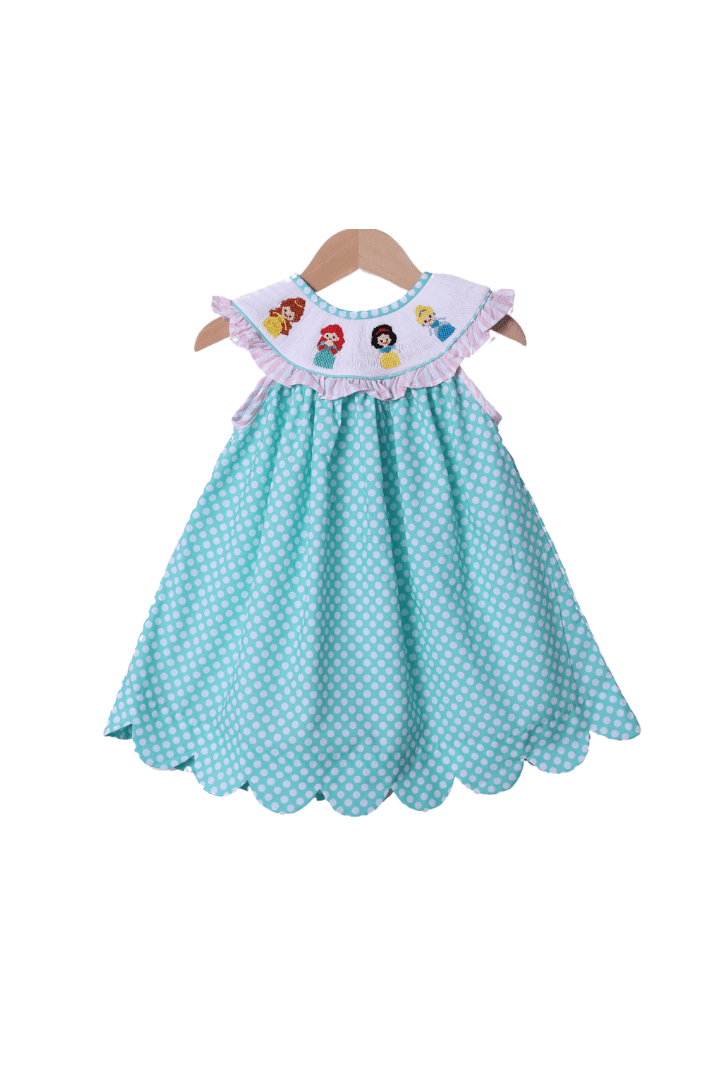 The Smocked Flamingo Smocked Princess and Friends Mint Dot Dress