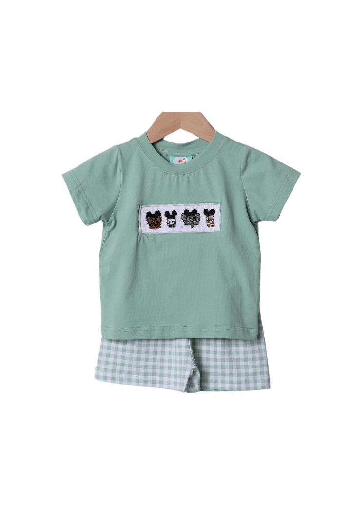 The Smocked Flamingo Smocked Sage Safari Mouse Short Set