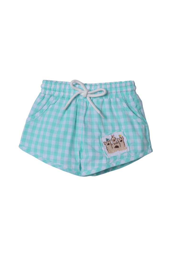The Smocked Flamingo Smocked Sand Castle Gingham Swim Trunks