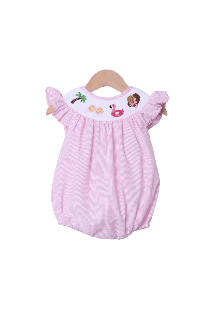 The Smocked Flamingo Smocked Summer Fun Pink Seersucker Bubble