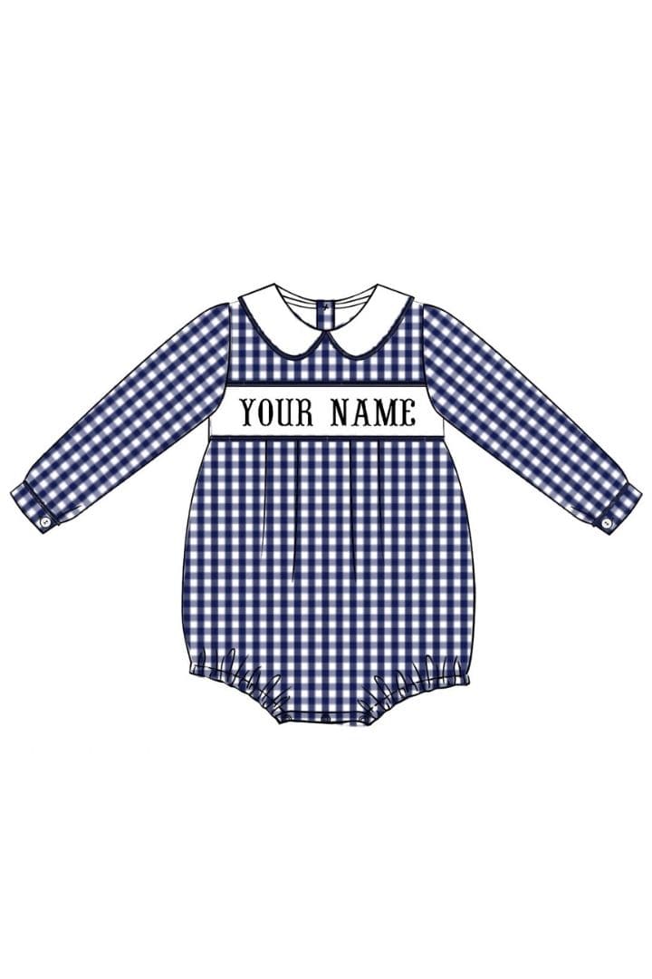 The Smocked Flamingo Hand Smocked Custom Name Blue Gingham Bubble