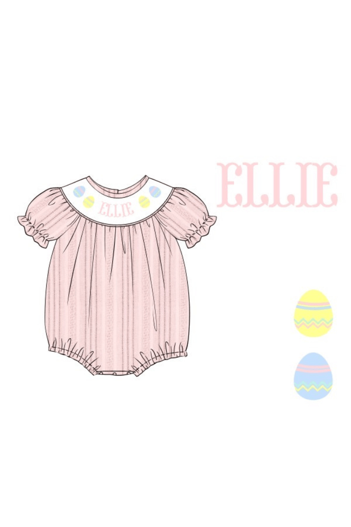 The Smocked Flamingo Hand Smocked Custom Name Pink Linen Easter Egg Bubble