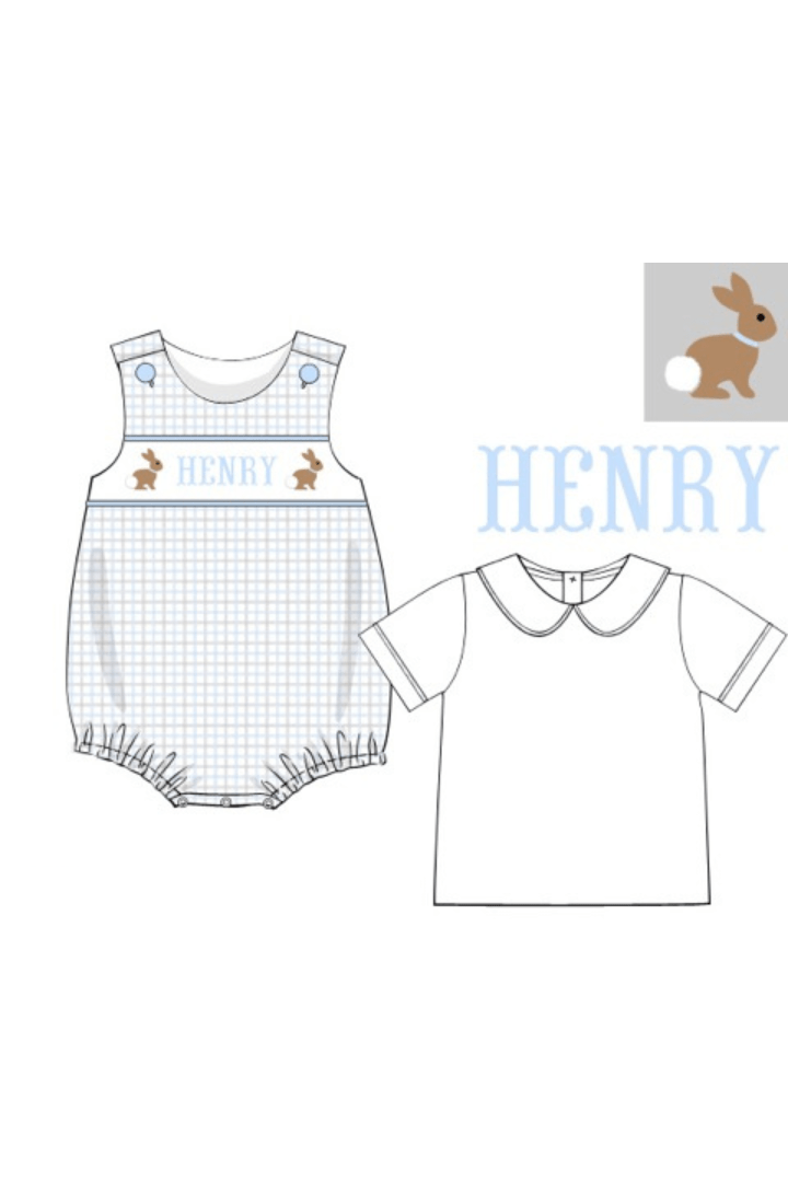 The Smocked Flamingo Hand Smocked Windowpane Name and Bunny Bubble with Shirt