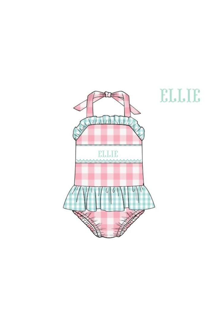 The Smocked Flamingo Pre-Order Hand Smocked Custom Name Gingham  Swimsuit
