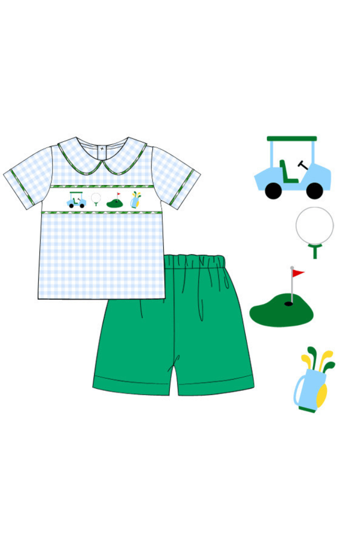 The Smocked Flamingo Pre-Order Hand Smocked Hole in One Blue Gingham Short Set