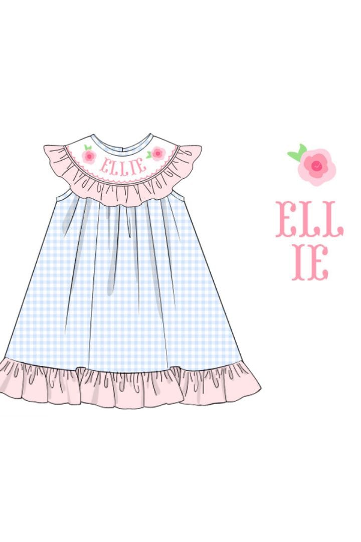 The Smocked Flamingo Pre-Order Hand Smocked Run for the Roses Derby BLUE Gingham Dress