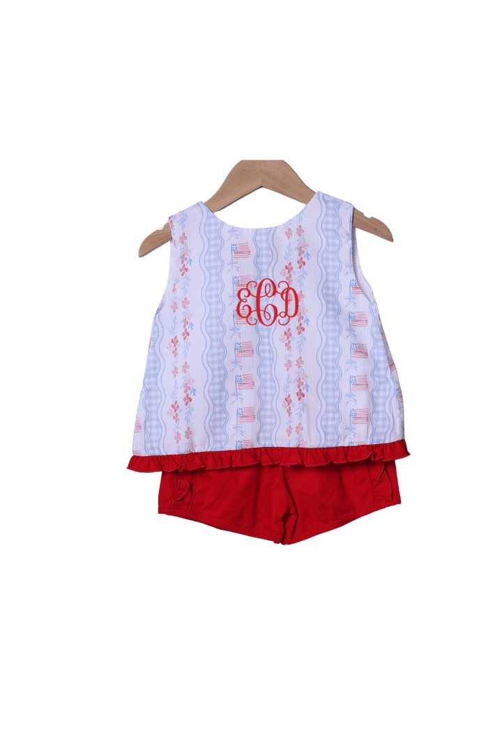 The Smocked Flamingo Apparel & Accessories All American Girl Red and Blue Short Set