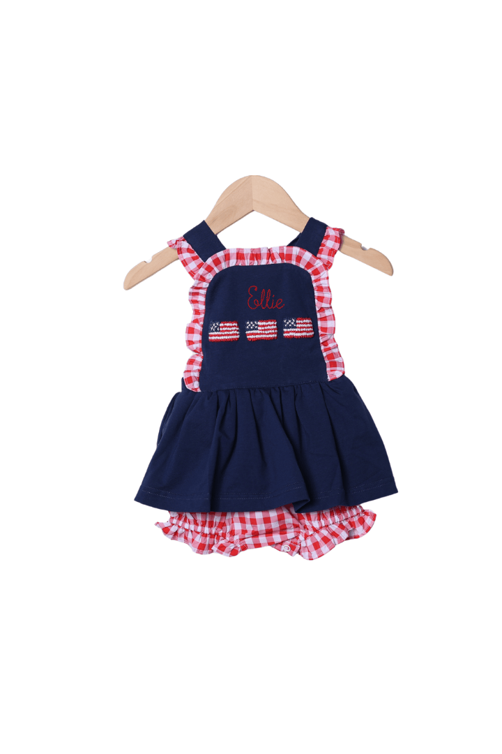 The Smocked Flamingo Apparel & Accessories French Knot American Flag Navy/Red Gingham Knit Skirted Bubble