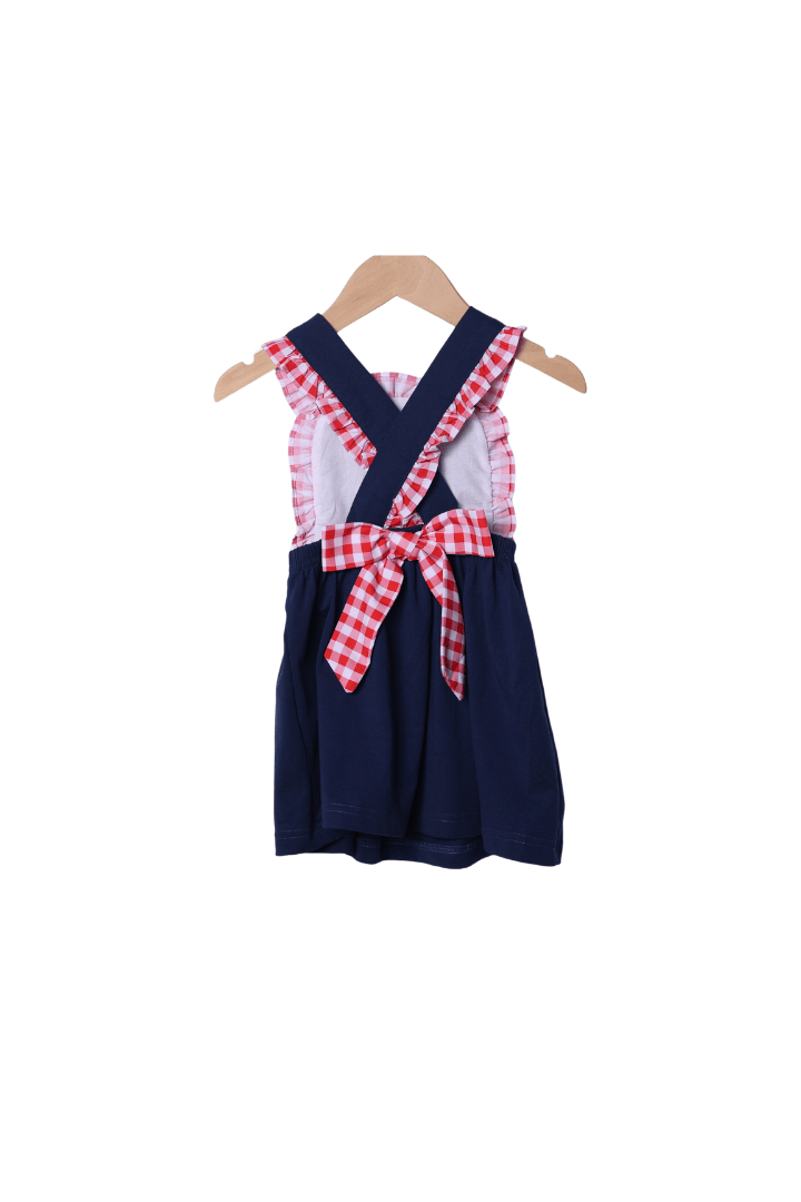 The Smocked Flamingo Apparel & Accessories French Knot American Flag Navy/Red Gingham Knit Dress