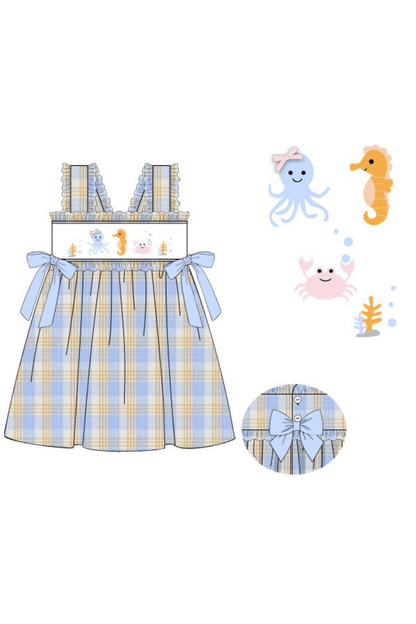 The Smocked Flamingo Apparel & Accessories Pre-Order Smocked Ocean Creatures Plaid Bow Dress
