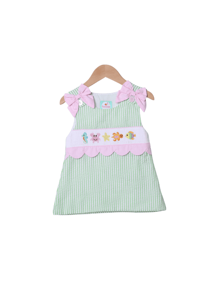 The Smocked Flamingo Apparel & Accessories Smocked Sea Creatures Green Seersucker Dress