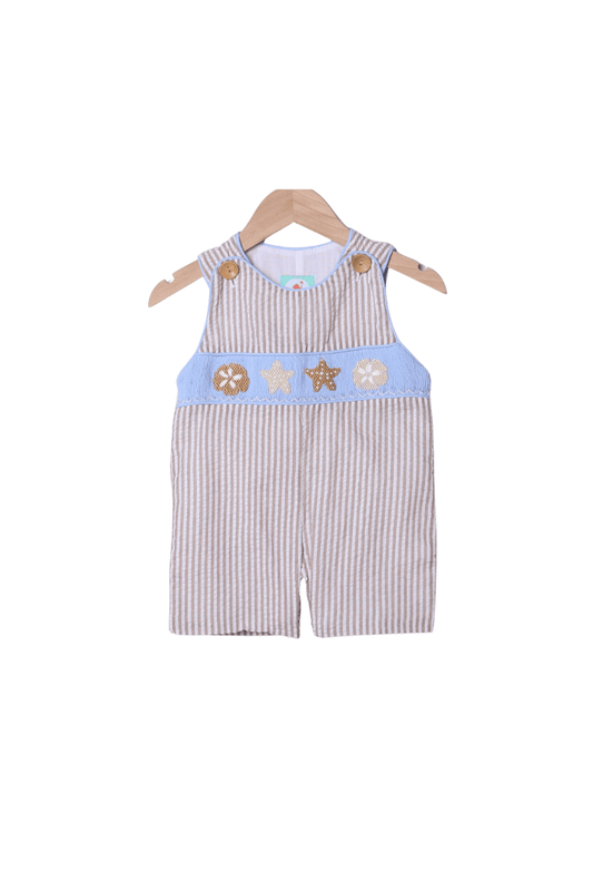 The Smocked Flamingo Apparel & Accessories Smocked Sand Dollar Blue/Starfish Khaki Seersucker Jon Jon