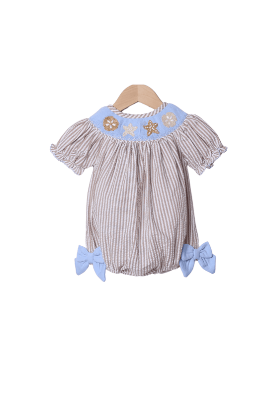 The Smocked Flamingo Apparel & Accessories Smocked Sand Dollar Blue/Khaki Seersucker Bubble
