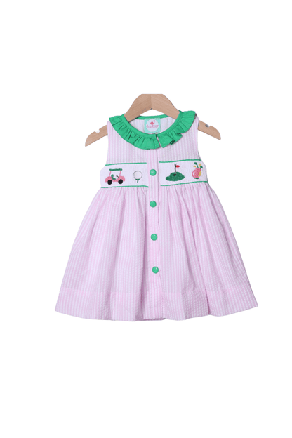 The Smocked Flamingo Apparel & Accessories Smocked Golf Pink Seersucker Ruffle Dress