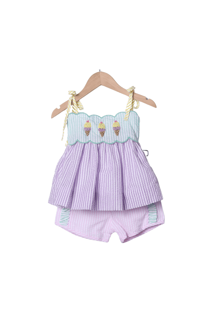 The Smocked Flamingo Apparel & Accessories French Knot Ice Cream Seersucker Short Set