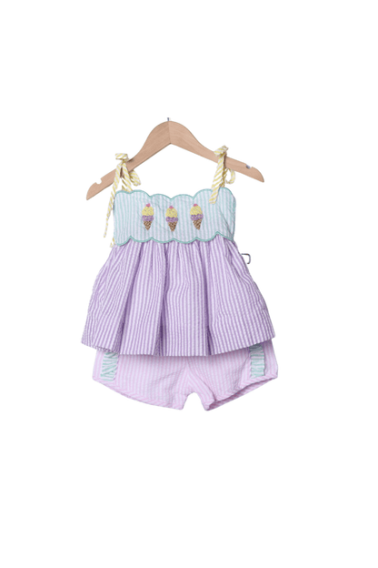The Smocked Flamingo Apparel & Accessories French Knot Ice Cream Seersucker Short Set