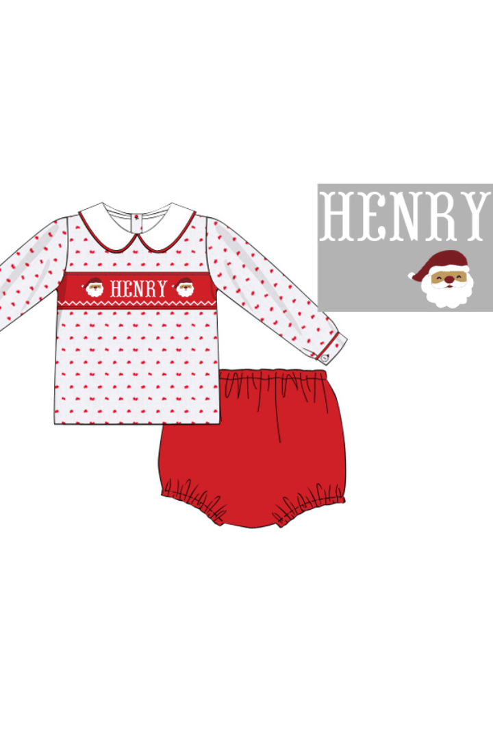 The Smocked Flamingo Apparel & Accessories Pre-Order Hand Smocked Custom Name Swiss Dot Santa Diaper Set