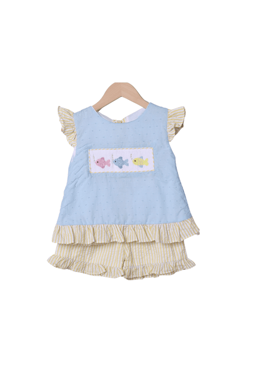 The Smocked Flamingo Apparel & Accessories Smocked Fish Blue/Yellow Seersucker Short Set