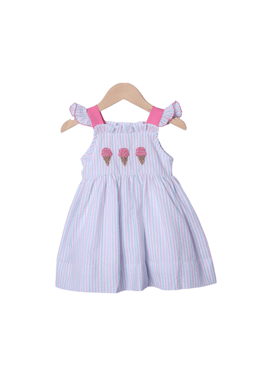 The Smocked Flamingo Apparel & Accessories French Knot Ice Cream Seersucker Stripe Dress