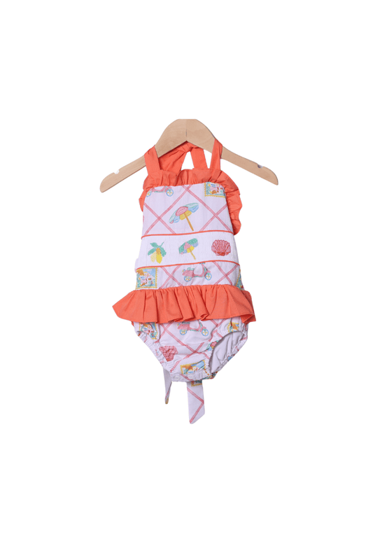 The Smocked Flamingo Apparel & Accessories Hand Embroidered Seaside Charm Smocked Swimsuit