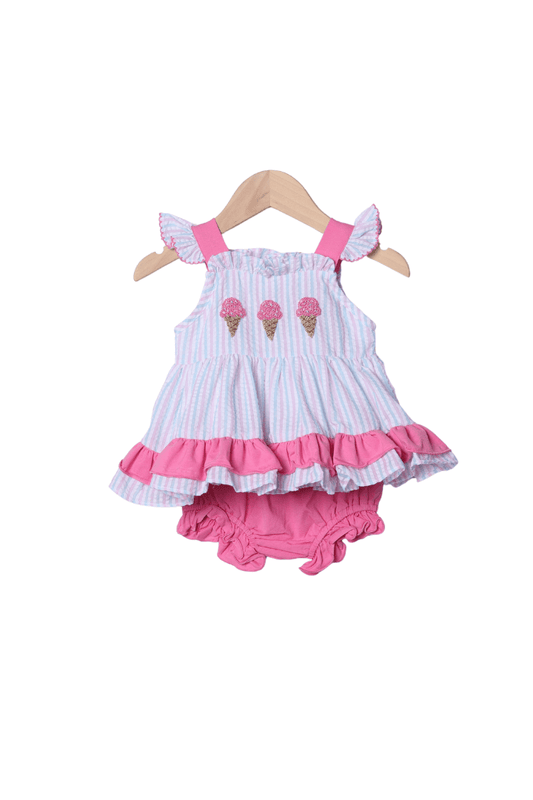 The Smocked Flamingo Apparel & Accessories French Knot Ice Cream Seersucker Stripe Bloomer Set