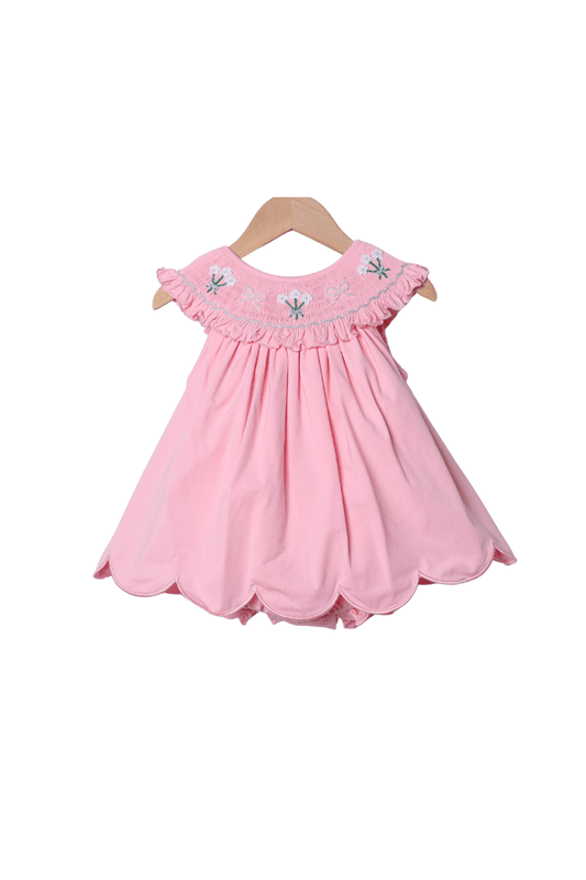 The Smocked Flamingo Apparel & Accessories Smocked Flowers and Pearl Pink Knit Skirted Bubble