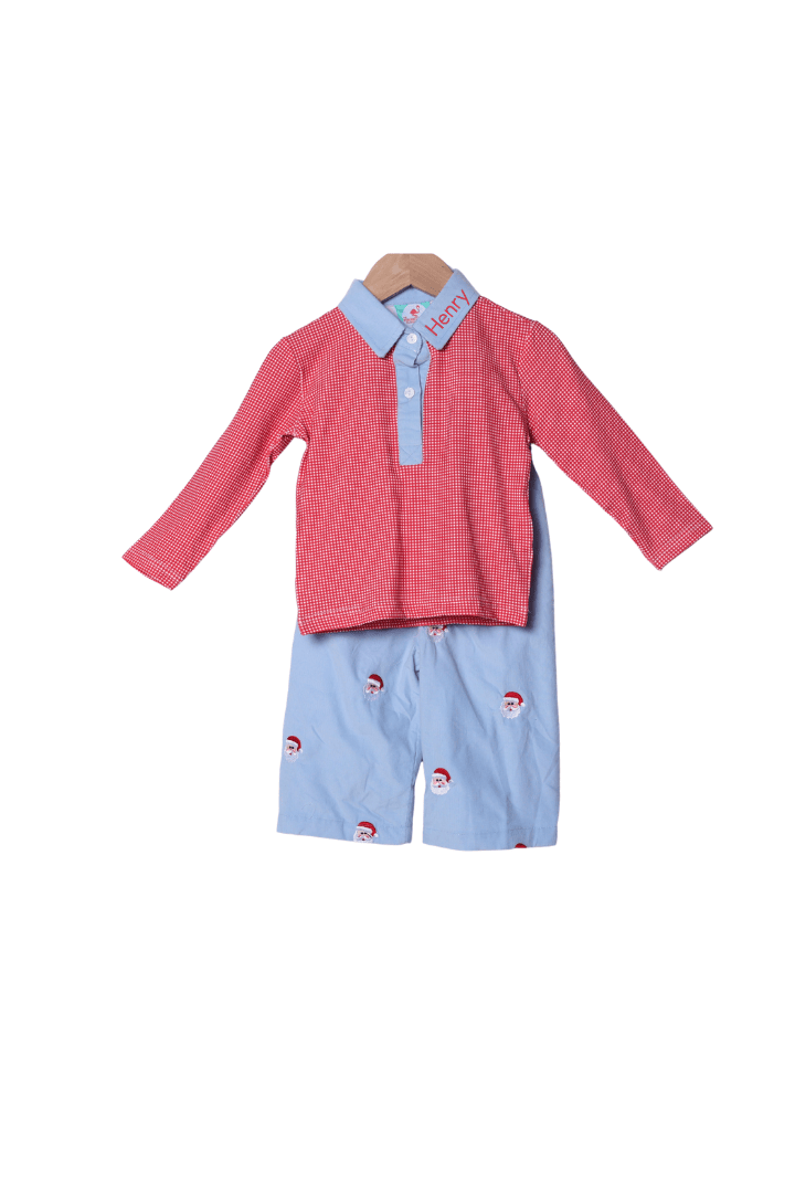 The Smocked Flamingo Apparel & Accessories Embroidered Santa Blue Corduroy/Red Gingham Pant Set