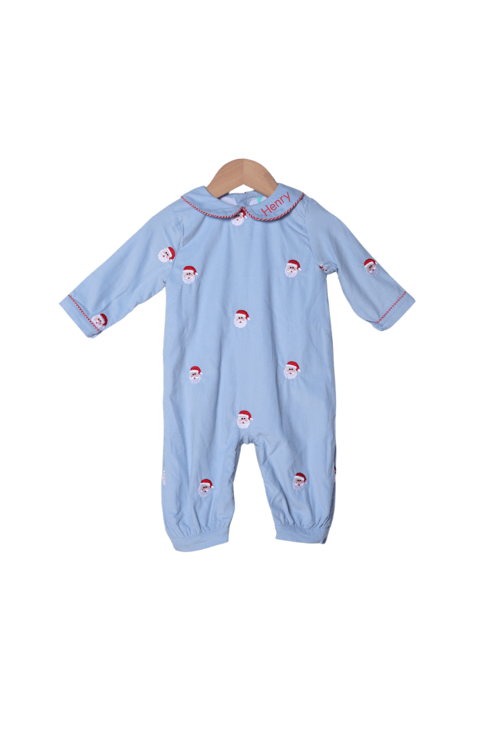 The Smocked Flamingo Apparel & Accessories Embroidered Santa Blue Corduroy/Red Gingham Romper