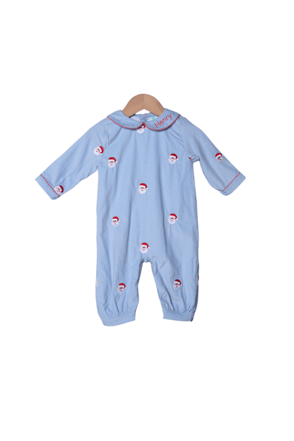 The Smocked Flamingo Apparel & Accessories Embroidered Santa Blue Corduroy/Red Gingham Romper