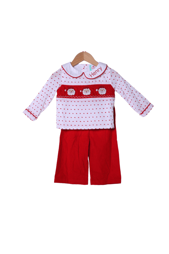The Smocked Flamingo Apparel & Accessories Smocked Santa Red Swiss Dot Corduroy Pant Set