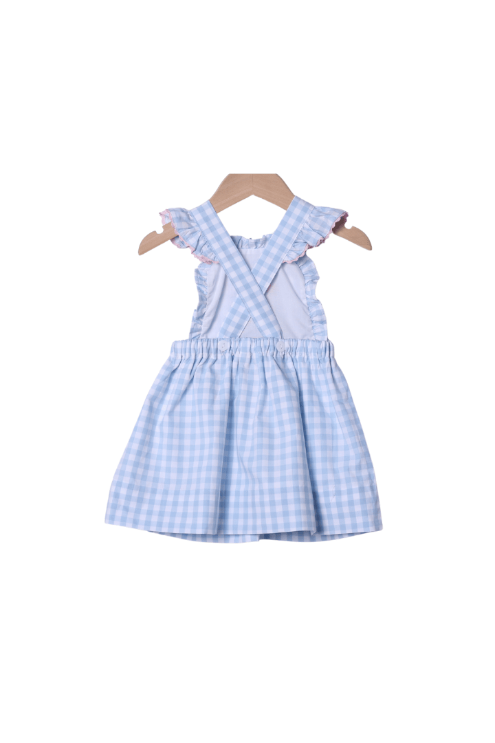 The Smocked Flamingo Apparel & Accessories Applique Party Goose Blue Gingham Ruffle Dress