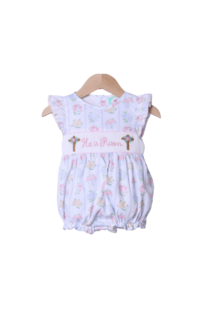 The Smocked Flamingo Apparel & Accessories Smocked He Is Risen Floral Cross Bubble