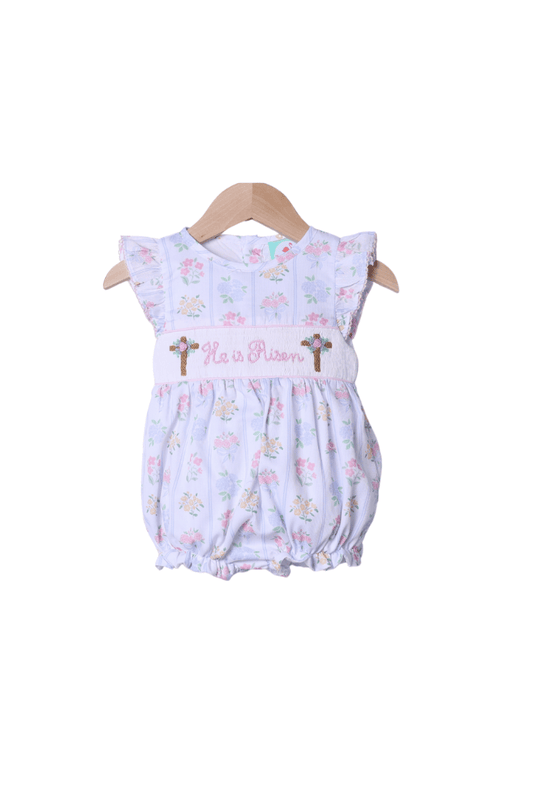 The Smocked Flamingo Apparel & Accessories Smocked He Is Risen Floral Cross Bubble