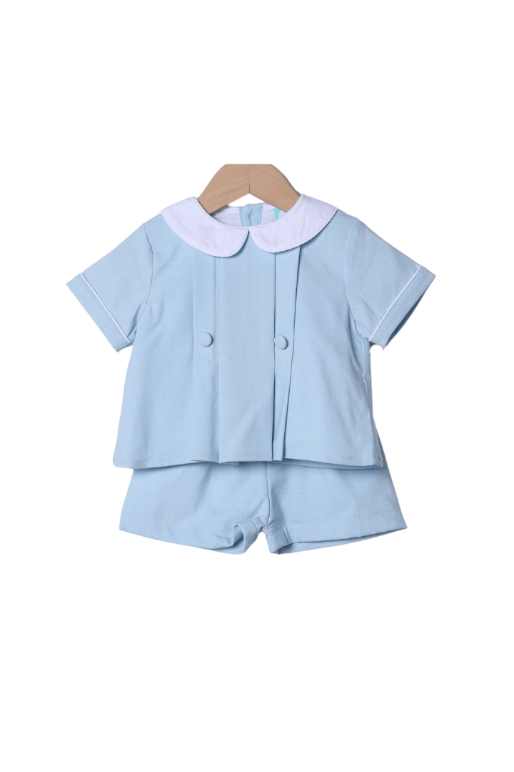 The Smocked Flamingo Apparel & Accessories 2 Tab Bullion Bunny Blue Linen Short Set