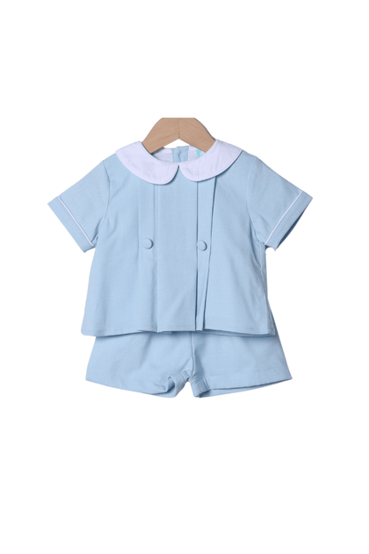 The Smocked Flamingo Apparel & Accessories 2 Tab Bullion Bunny Blue Linen Short Set